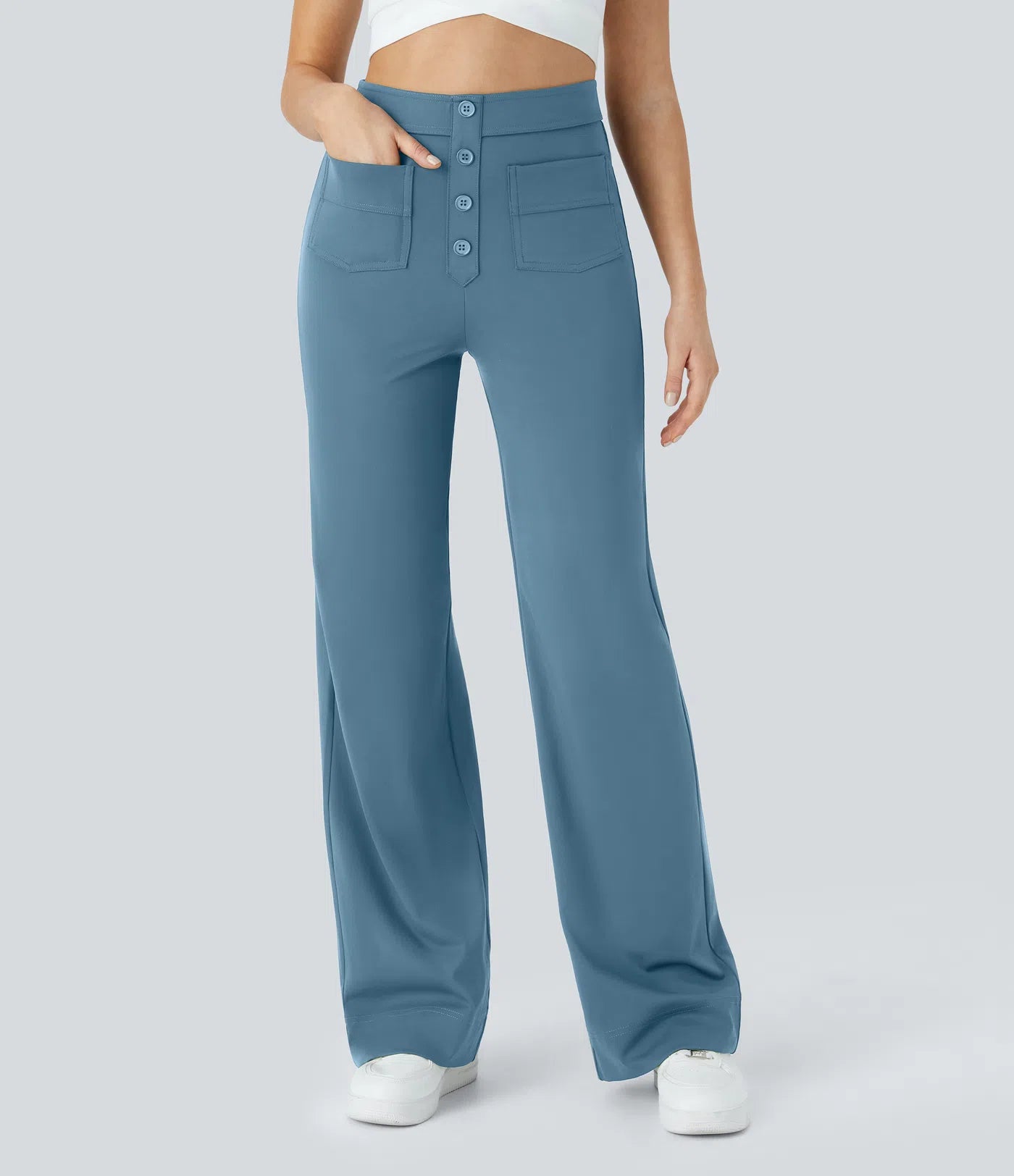 Aurella Flex™ Lässige Stoffhose mit hohem Bund und mehreren Taschen und geradem Bein