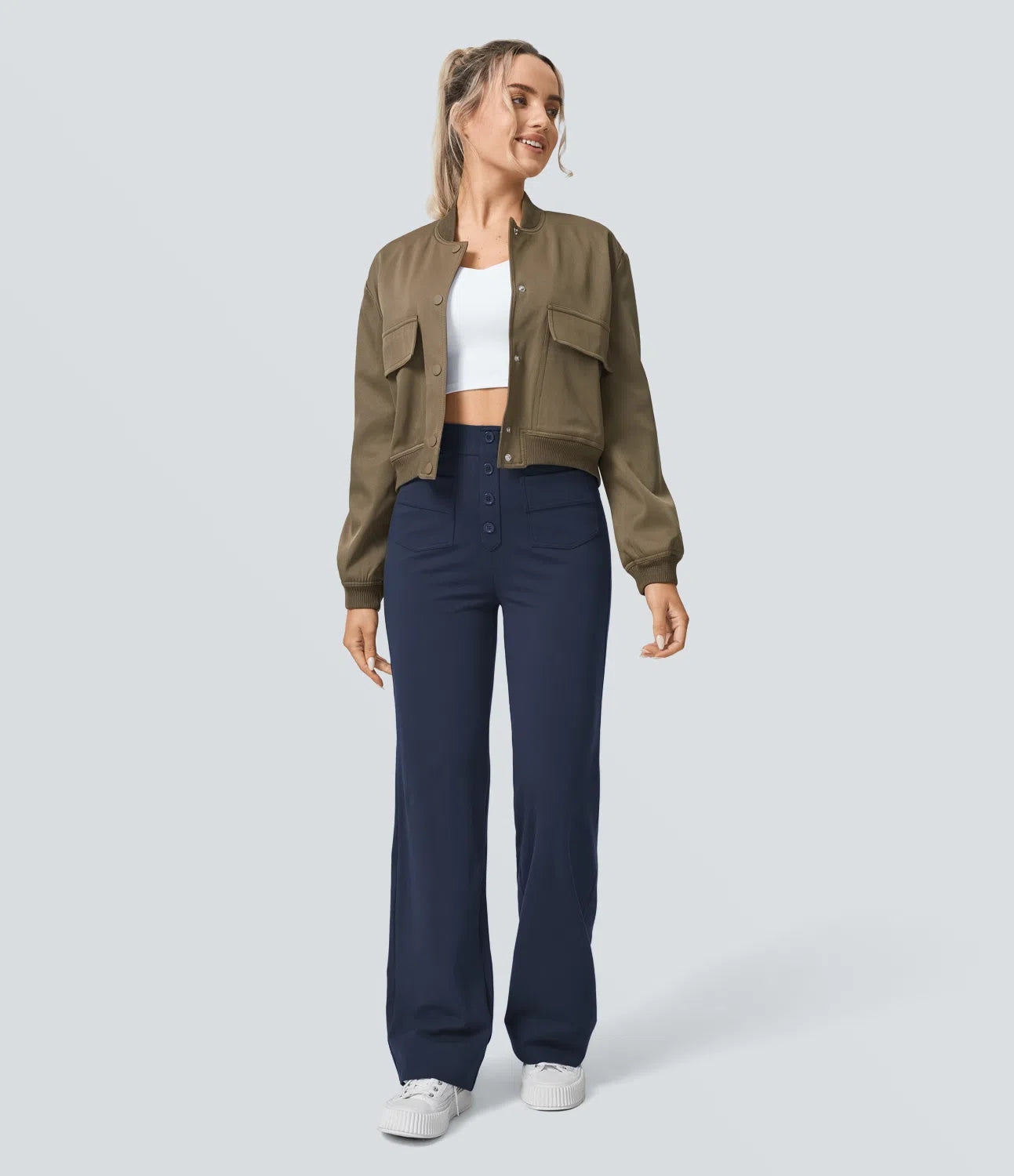 Aurella Flex™ Lässige Stoffhose mit hohem Bund und mehreren Taschen und geradem Bein