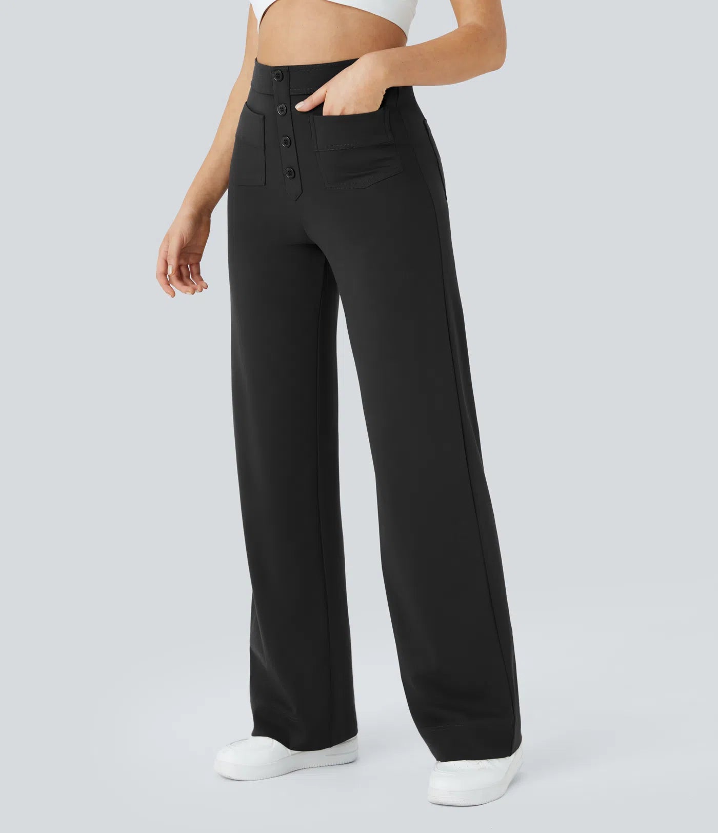 Aurella Flex™ Lässige Stoffhose mit hohem Bund und mehreren Taschen und geradem Bein