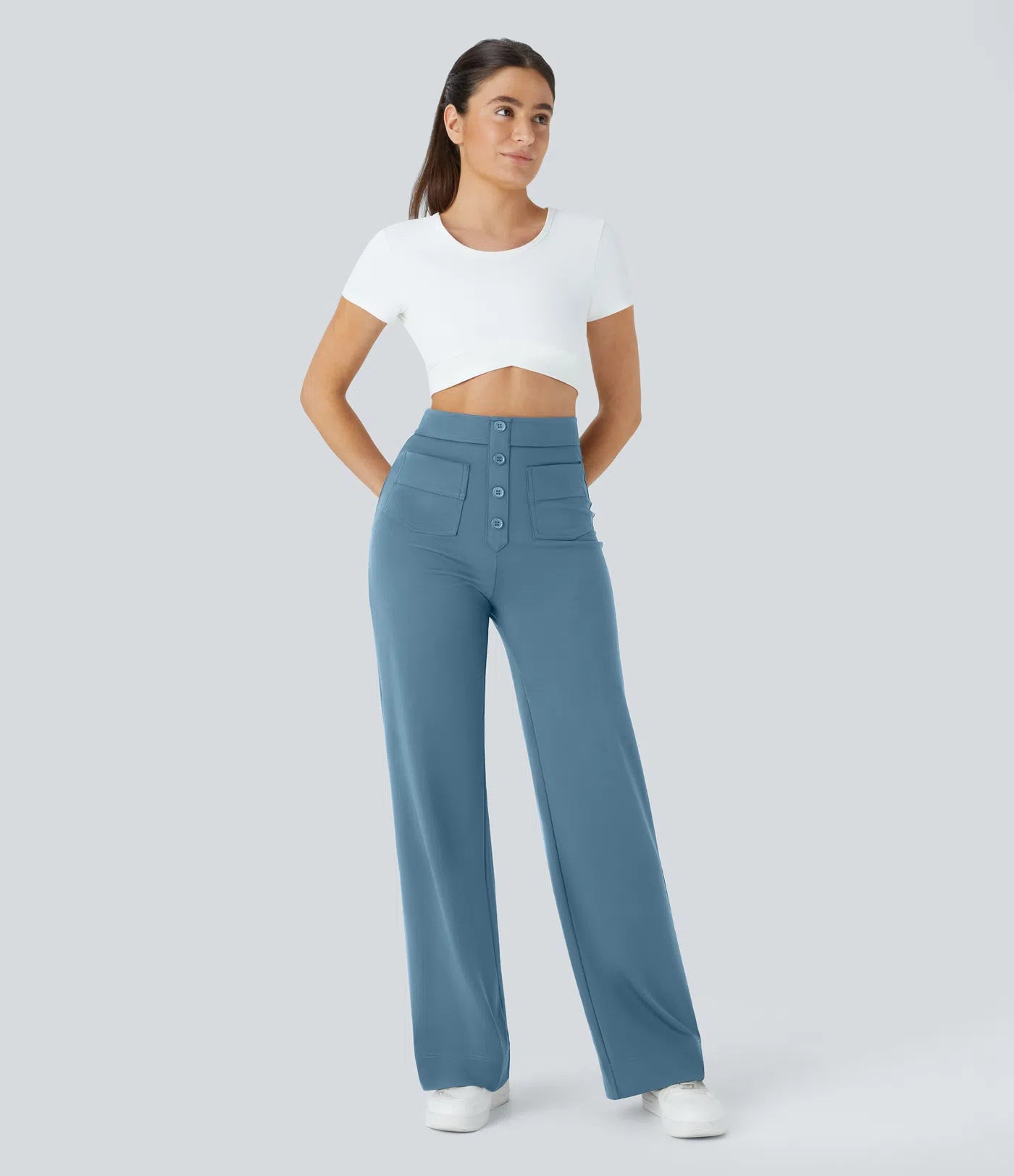 Aurella Flex™ Lässige Stoffhose mit hohem Bund und mehreren Taschen und geradem Bein