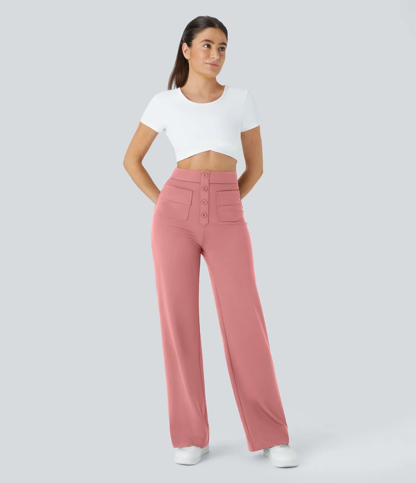 Aurella Flex™ Lässige Stoffhose mit hohem Bund und mehreren Taschen und geradem Bein