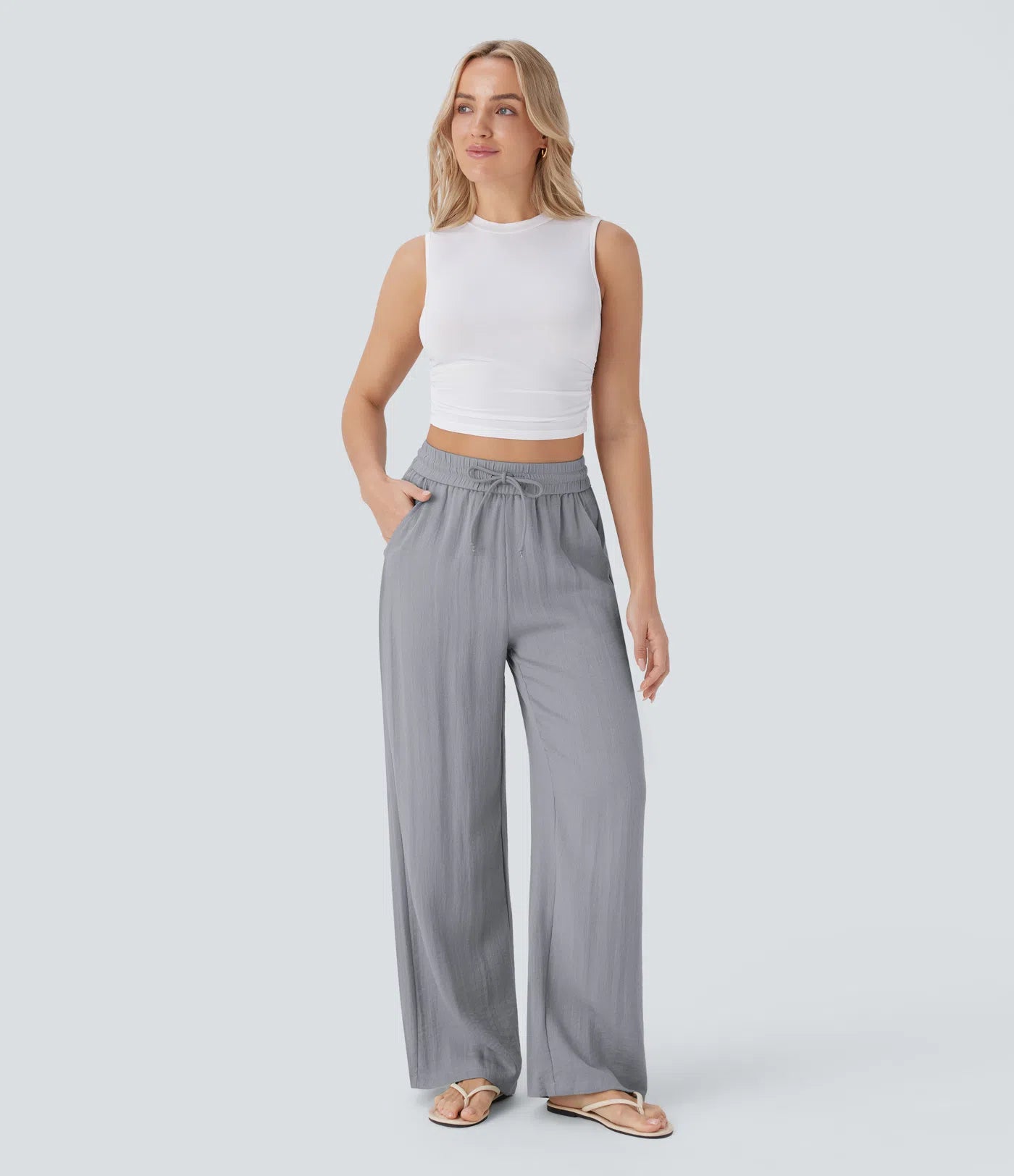 Aurella Flex™ Lässige Stoffhose mit Leinenoptik, hohem Bund und weitem Bein