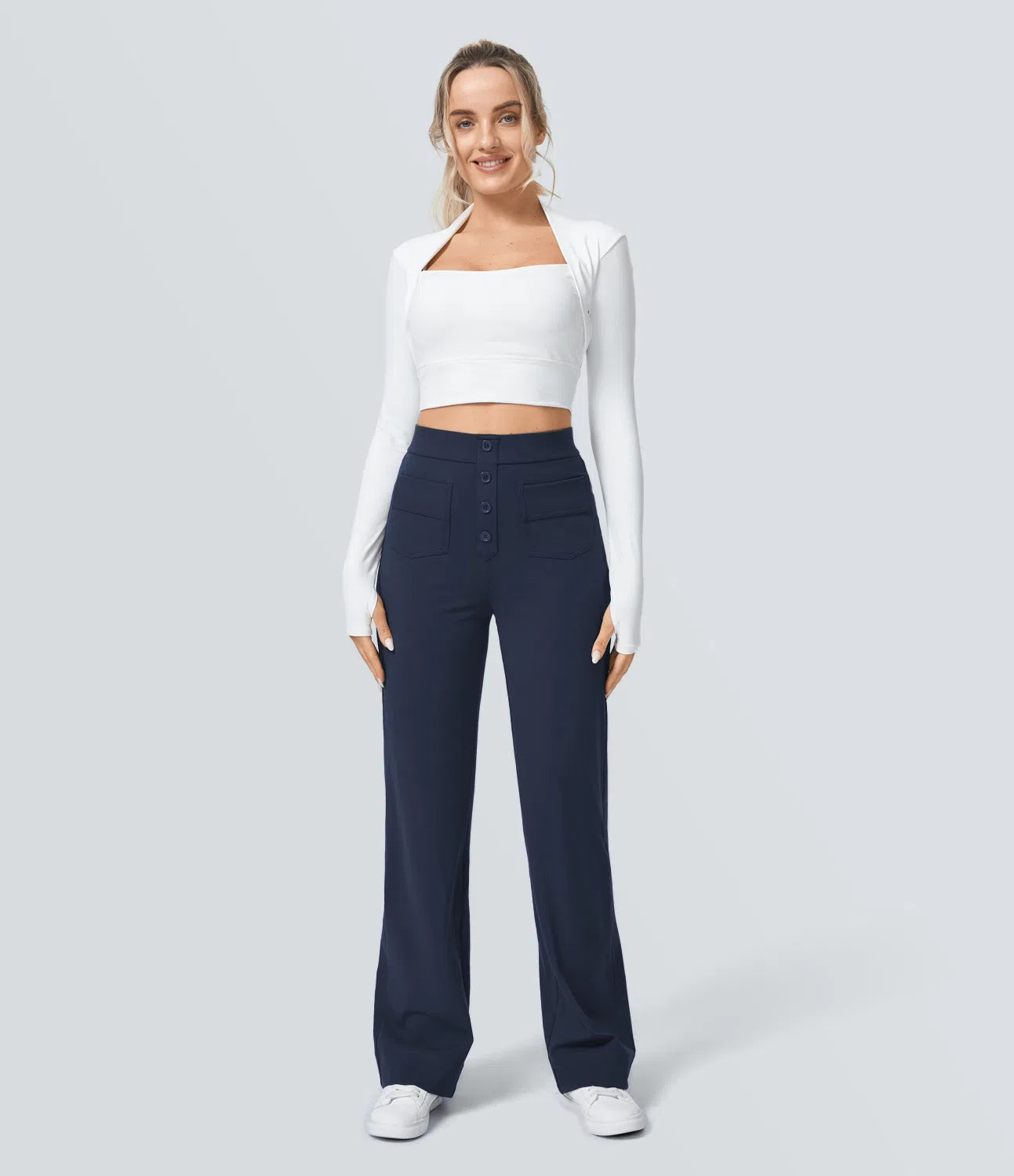 Aurella Flex™ Lässige Stoffhose mit hohem Bund und mehreren Taschen und geradem Bein