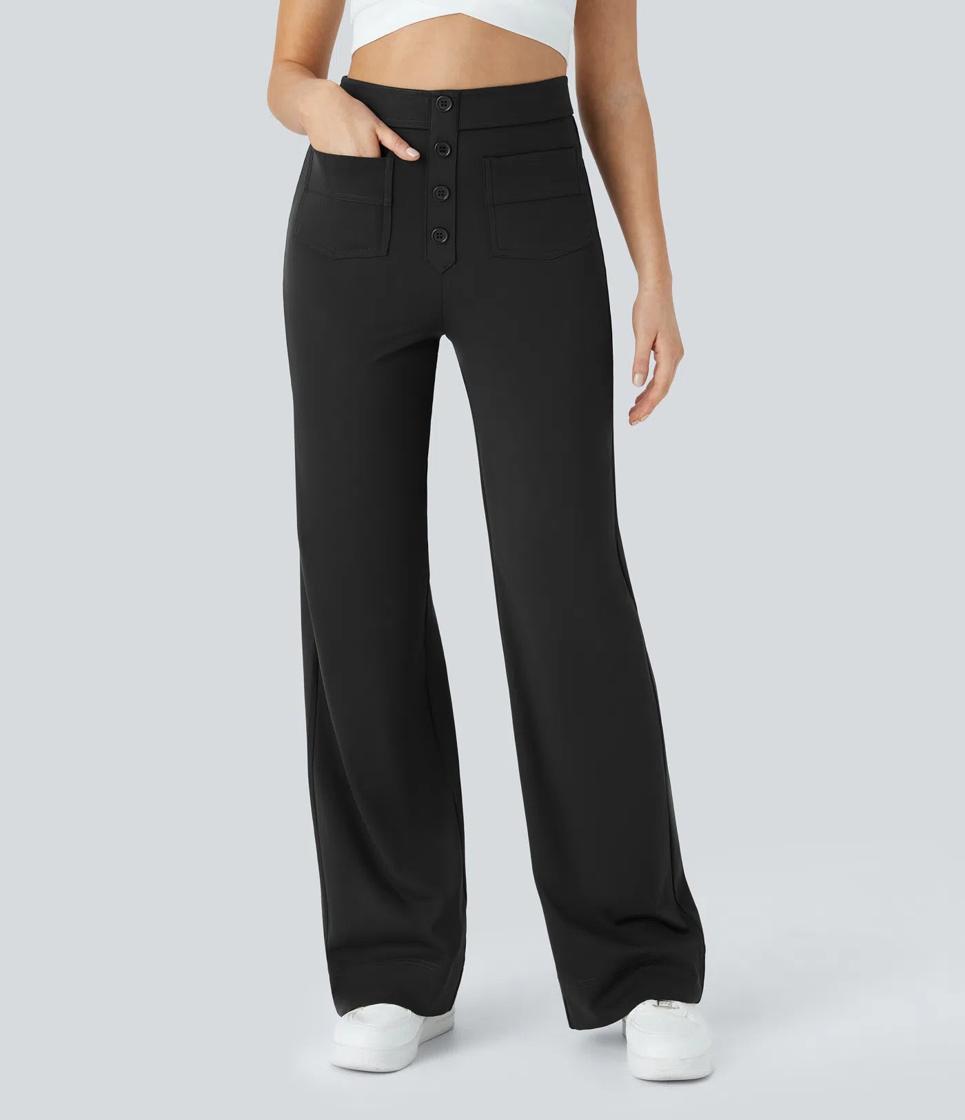Aurella Flex™ Lässige Stoffhose mit hohem Bund und mehreren Taschen und geradem Bein