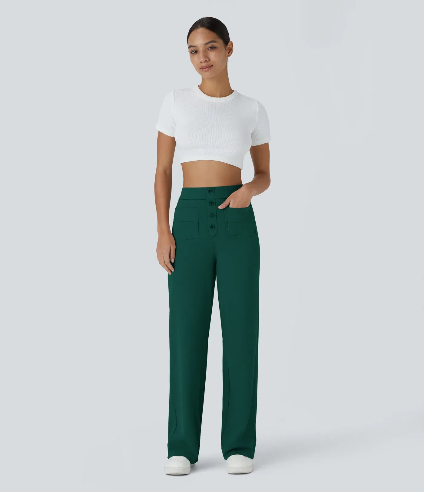 Aurella Flex™ Lässige Stoffhose mit hohem Bund und mehreren Taschen und geradem Bein