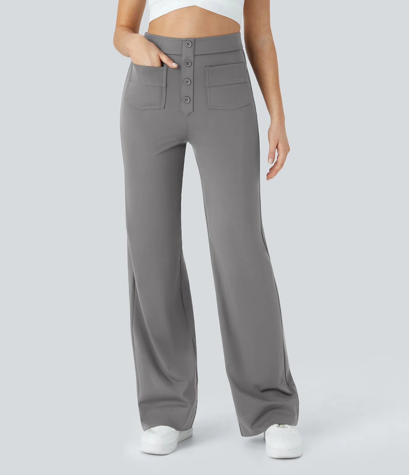 Aurella Flex™ Lässige Stoffhose mit hohem Bund und mehreren Taschen und geradem Bein