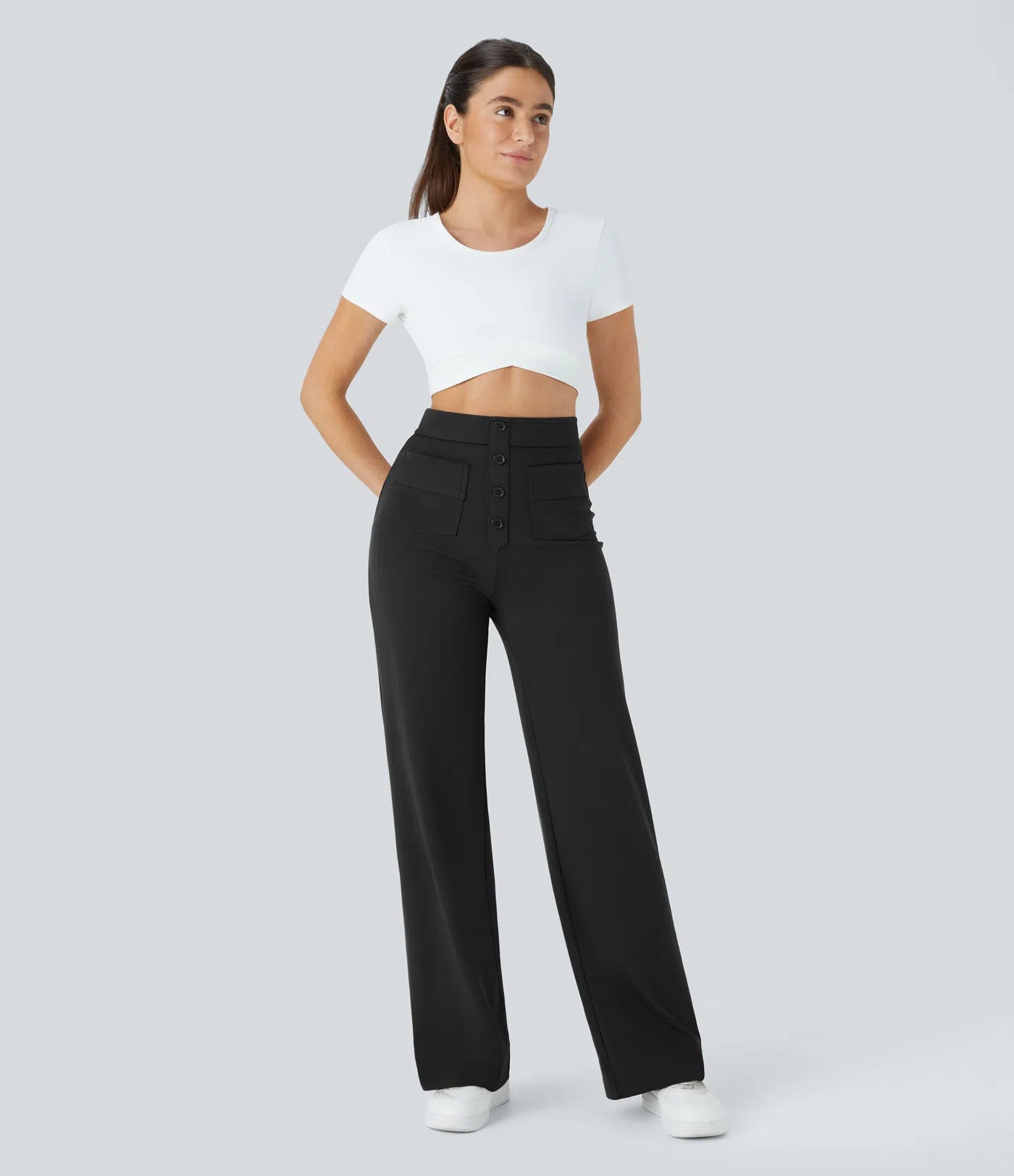 Aurella Flex™ Lässige Stoffhose mit hohem Bund und mehreren Taschen und geradem Bein