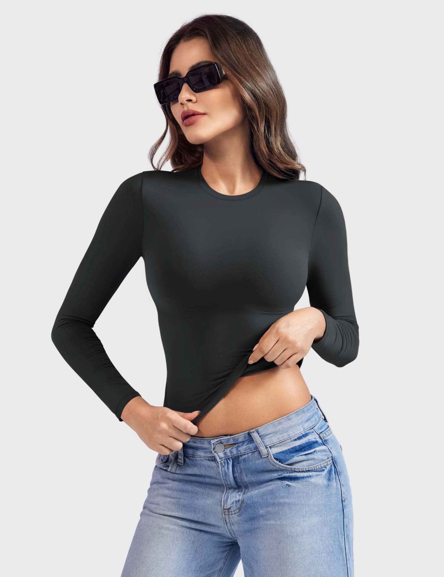 Aurella Sculpt™ Langarm-Top aus doppellagigem Stretch-Material mit Rundhalsausschnitt und figurbetonter Passform